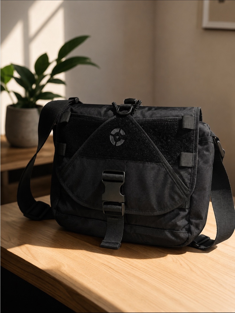 Men's Black Tactical Messenger Bag with Secure Buckle